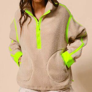 BiBi Contrast Edge Half Zip Up Sherpa Jacket